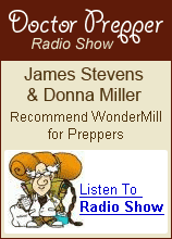 Host, James Stevens, and guest, Donna Miller (host of 'Your Preparation Station' radio show), recommend the Wonder Junior hand grain mill for prepper on a Doctor Prepper Radio Show